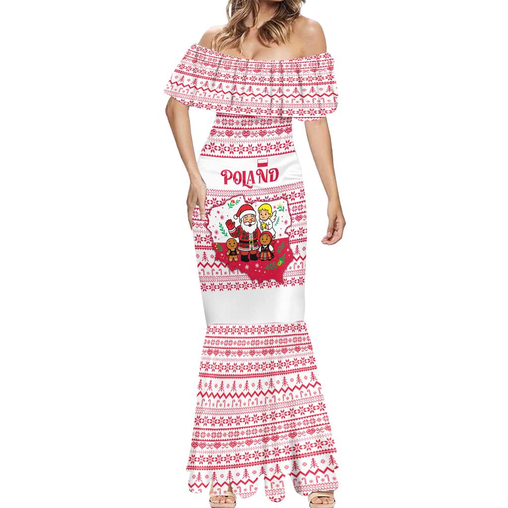 Poland Christmas Mermaid Dress with Santa Children Gingerbread Map Outline and Red Snowflake Knit Pattern Design - Wonder Print Shop