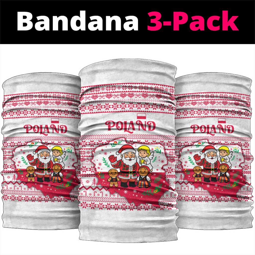 Poland Christmas Neck Gaiter with Santa Children Gingerbread Map Outline and Red Snowflake Knit Pattern Design - Wonder Print Shop