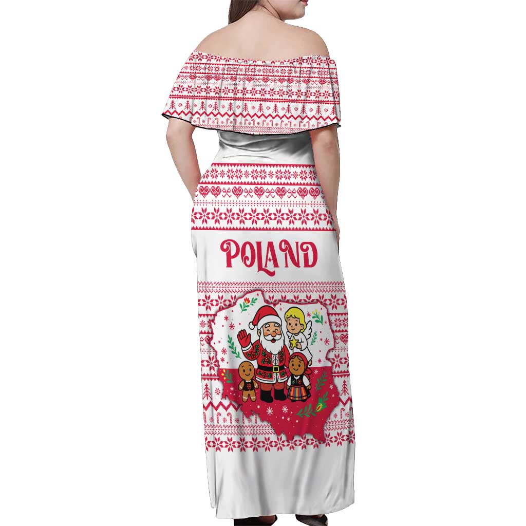 Poland Christmas Off Shoulder Maxi Dress with Santa Children Gingerbread Map Outline and Red Snowflake Knit Pattern Design - Wonder Print Shop