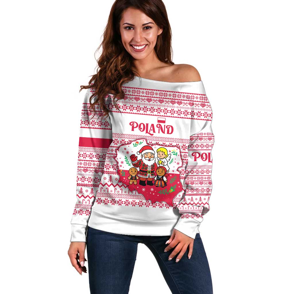Poland Christmas Off Shoulder Sweater with Santa Children Gingerbread Map Outline and Red Snowflake Knit Pattern Design - Wonder Print Shop