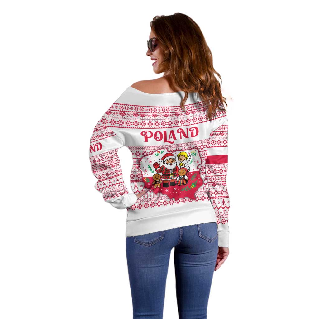Poland Christmas Off Shoulder Sweater with Santa Children Gingerbread Map Outline and Red Snowflake Knit Pattern Design - Wonder Print Shop