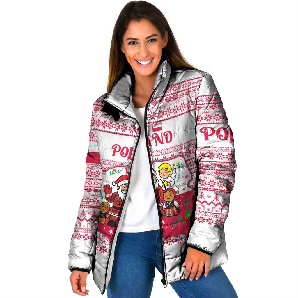 Poland Christmas Padded Jacket with Santa Children Gingerbread Map Outline and Red Snowflake Knit Pattern Design - Wonder Print Shop
