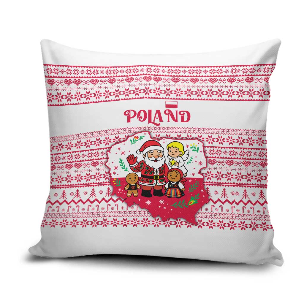 Poland Christmas Pillow Cover with Santa Children Gingerbread Map Outline and Red Snowflake Knit Pattern Design - Wonder Print Shop