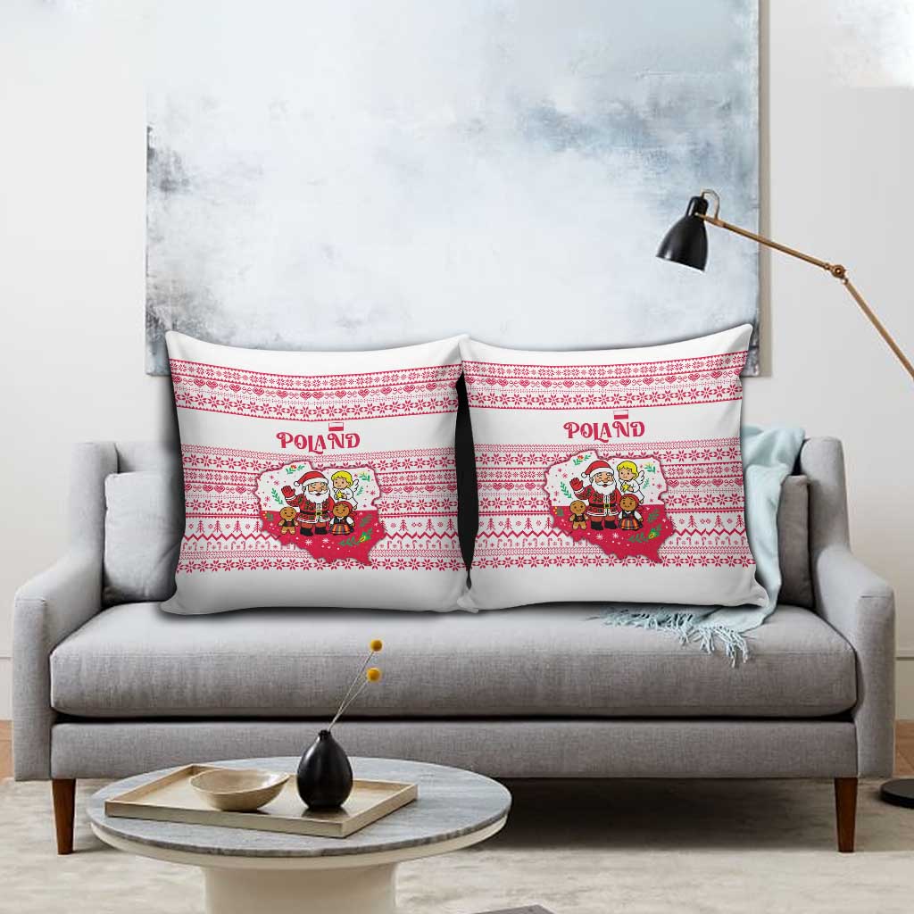 Poland Christmas Pillow Cover with Santa Children Gingerbread Map Outline and Red Snowflake Knit Pattern Design - Wonder Print Shop