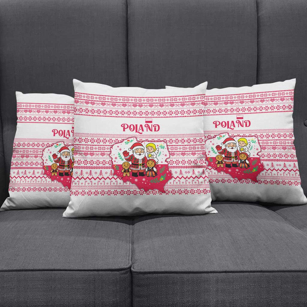 Poland Christmas Pillow Cover with Santa Children Gingerbread Map Outline and Red Snowflake Knit Pattern Design - Wonder Print Shop