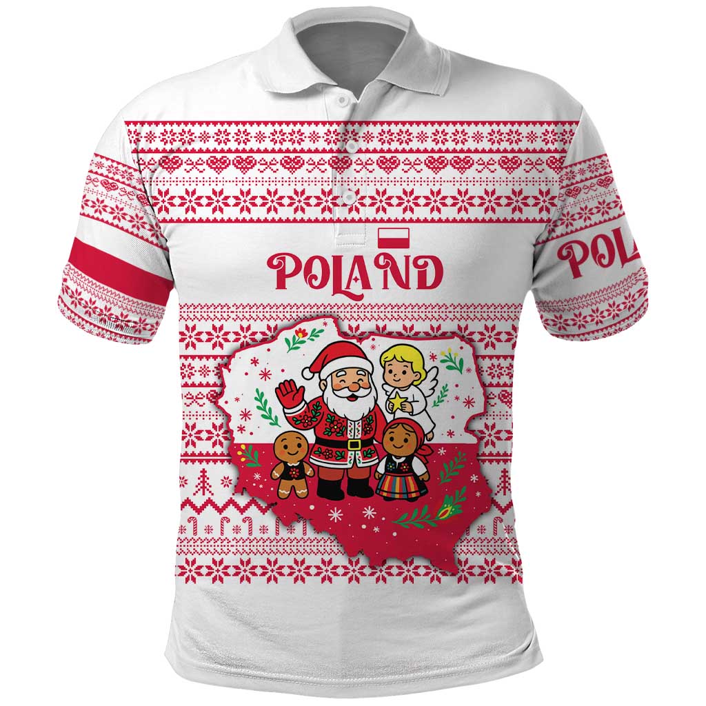 Poland Christmas Polo Shirt with Santa Children Gingerbread Map Outline and Red Snowflake Knit Pattern Design - Wonder Print Shop