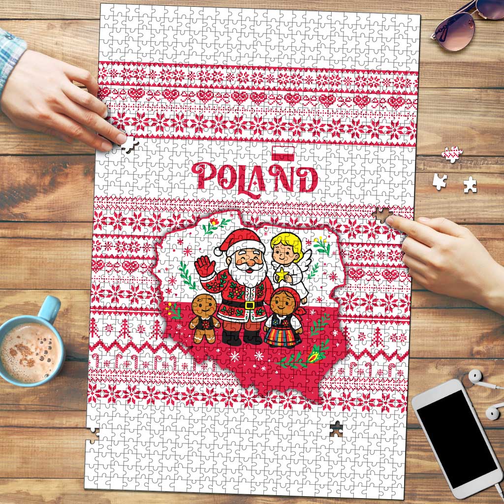 Poland Christmas Puzzle with Santa Children Gingerbread Map Outline and Red Snowflake Knit Pattern Design - Wonder Print Shop
