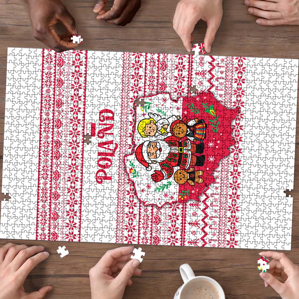 Poland Christmas Puzzle with Santa Children Gingerbread Map Outline and Red Snowflake Knit Pattern Design - Wonder Print Shop