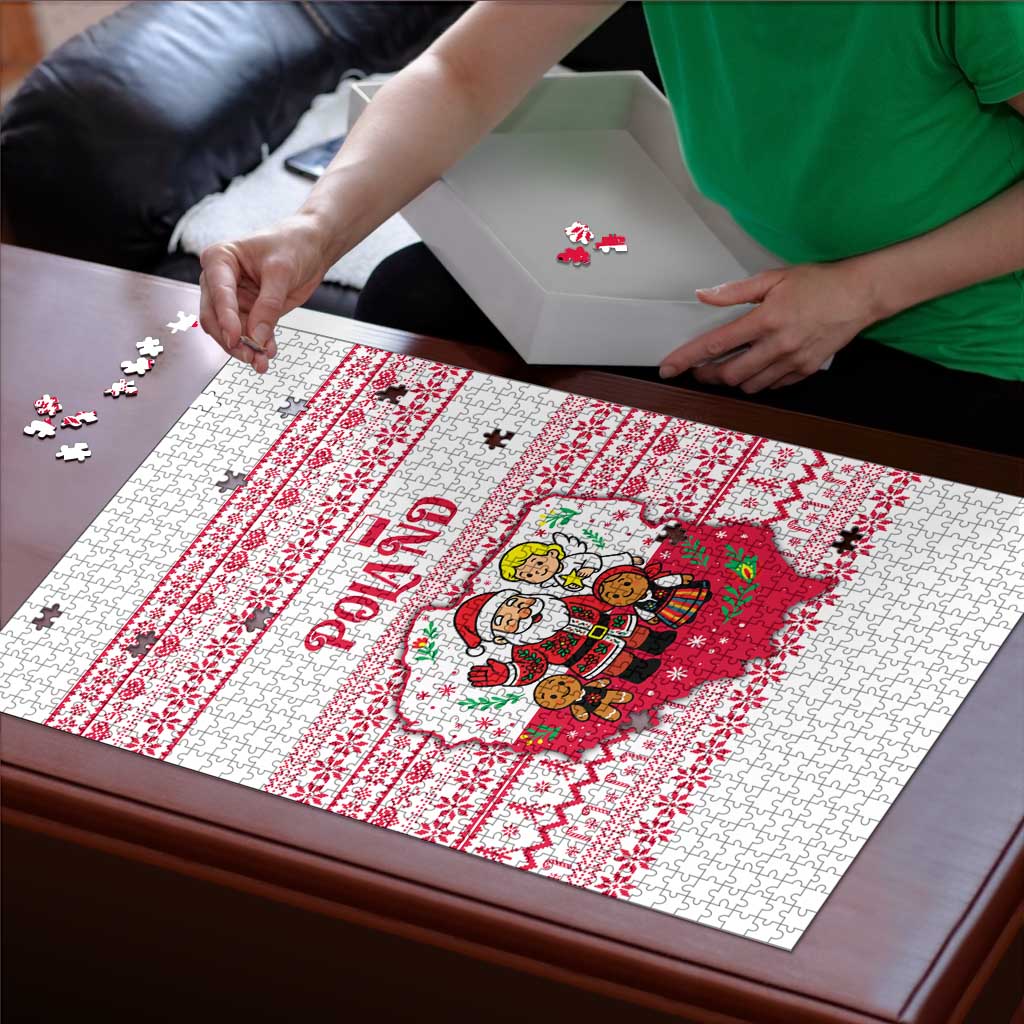 Poland Christmas Puzzle with Santa Children Gingerbread Map Outline and Red Snowflake Knit Pattern Design - Wonder Print Shop