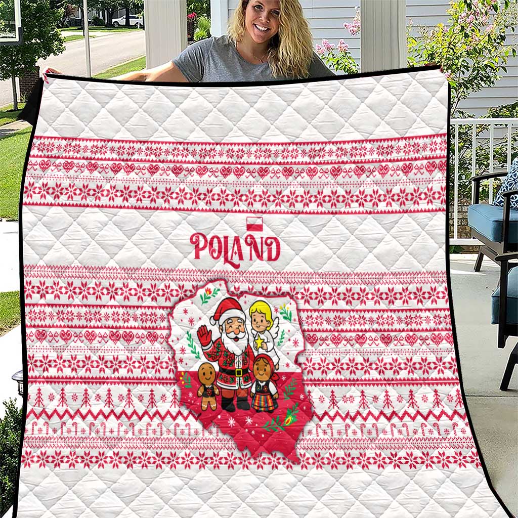 Poland Christmas Quilt with Santa Children Gingerbread Map Outline and Red Snowflake Knit Pattern Design - Wonder Print Shop