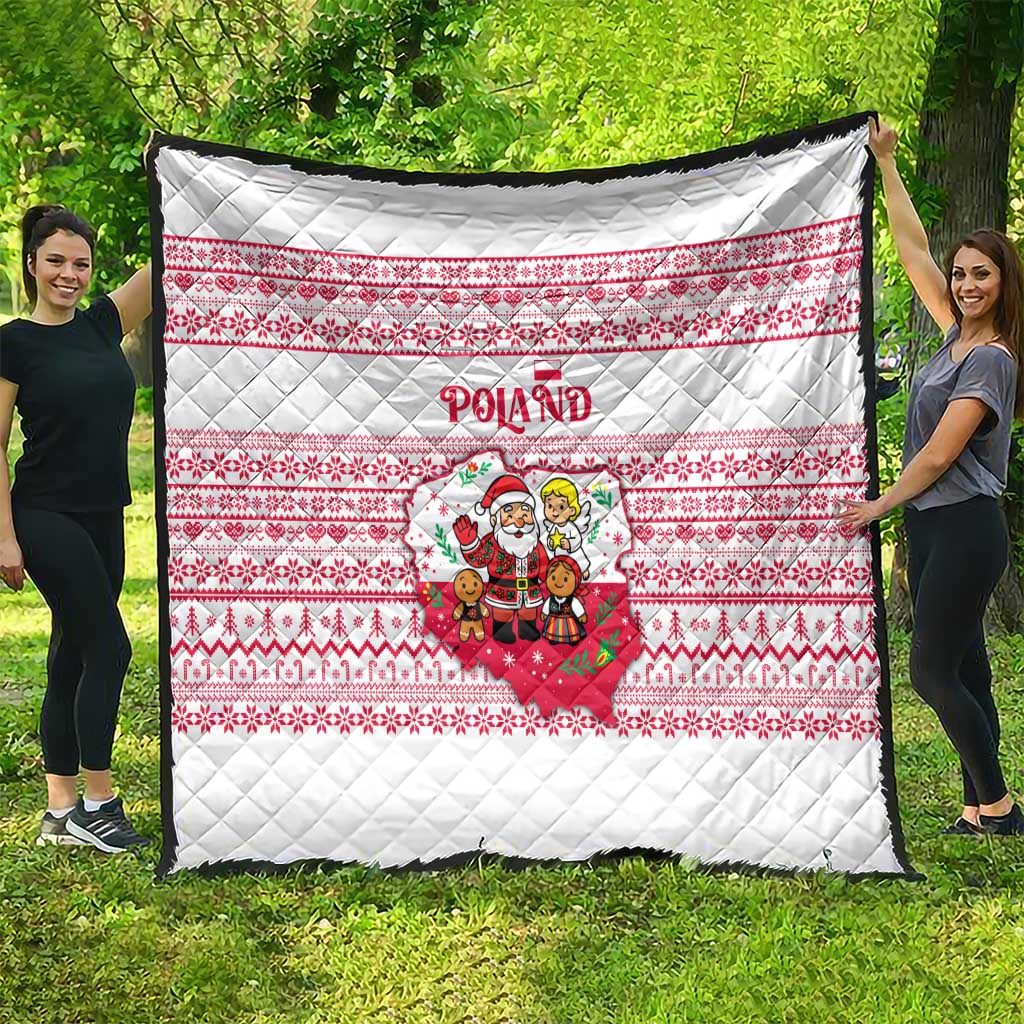 Poland Christmas Quilt with Santa Children Gingerbread Map Outline and Red Snowflake Knit Pattern Design - Wonder Print Shop