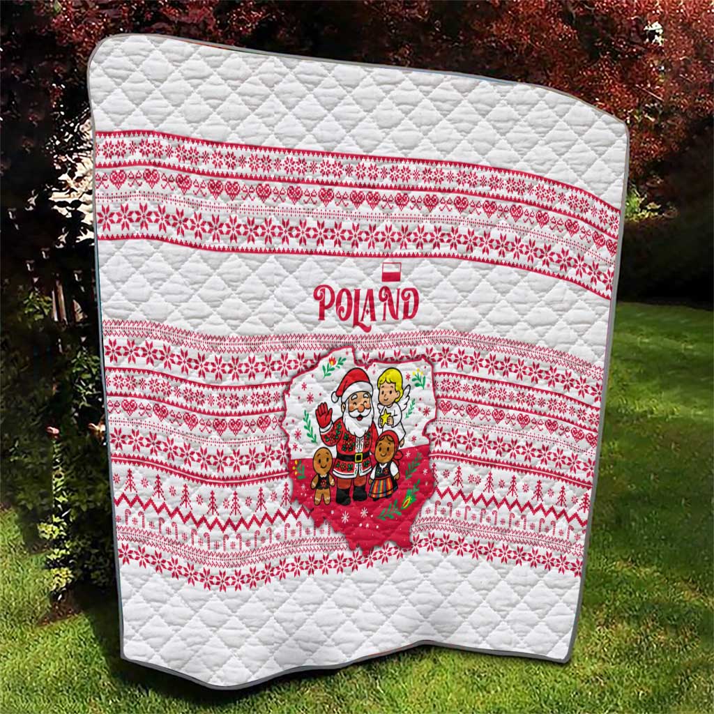 Poland Christmas Quilt with Santa Children Gingerbread Map Outline and Red Snowflake Knit Pattern Design - Wonder Print Shop