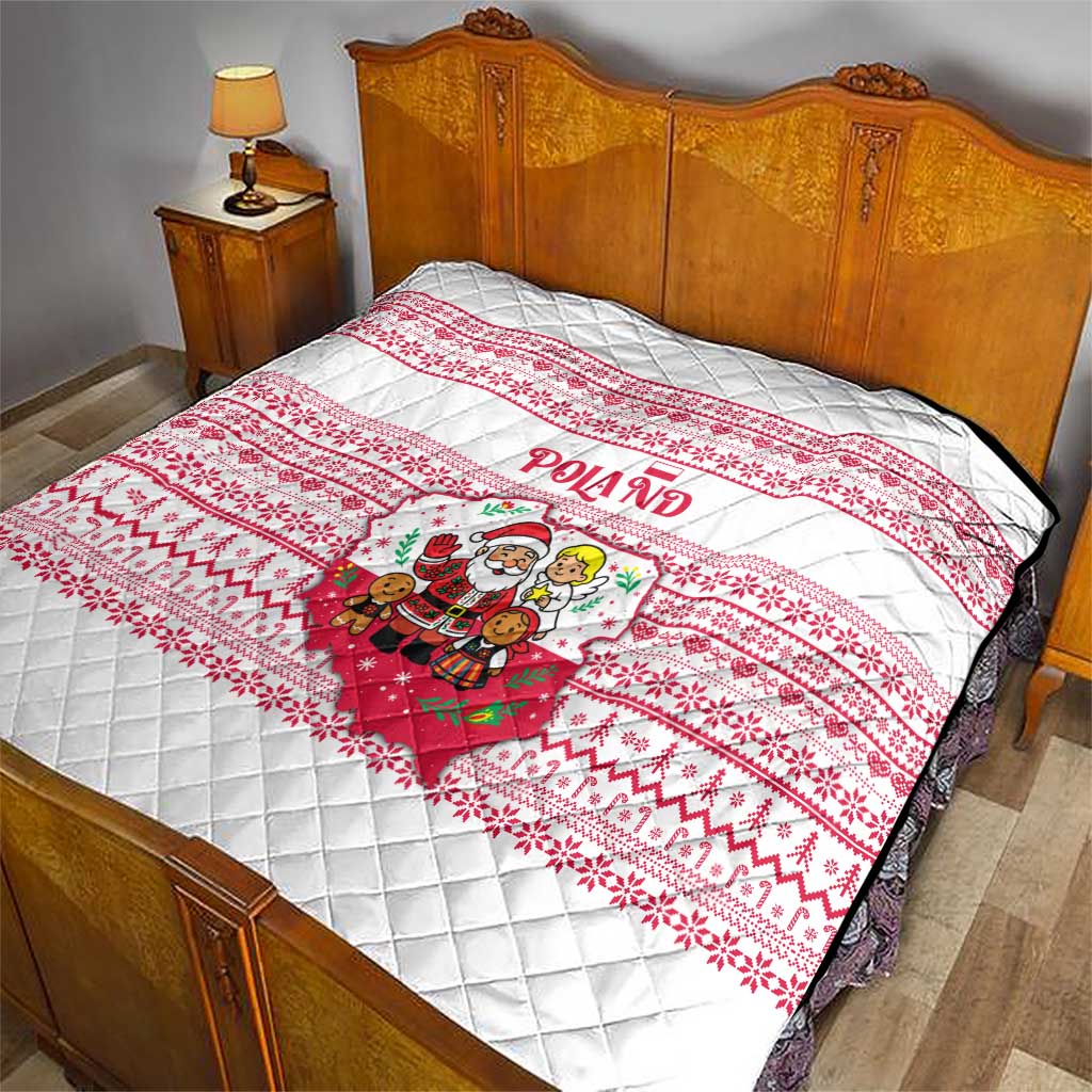 Poland Christmas Quilt with Santa Children Gingerbread Map Outline and Red Snowflake Knit Pattern Design - Wonder Print Shop