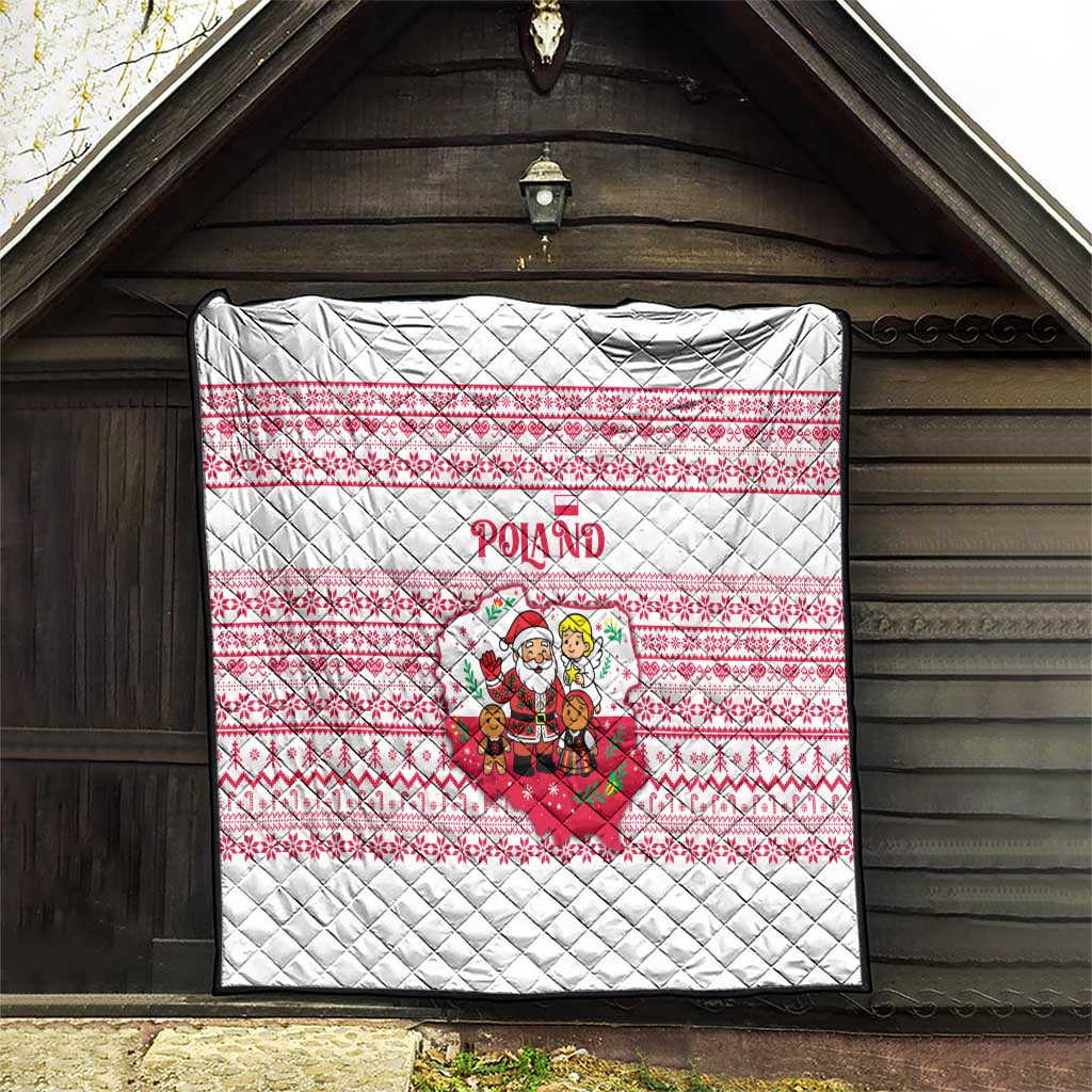 Poland Christmas Quilt with Santa Children Gingerbread Map Outline and Red Snowflake Knit Pattern Design - Wonder Print Shop