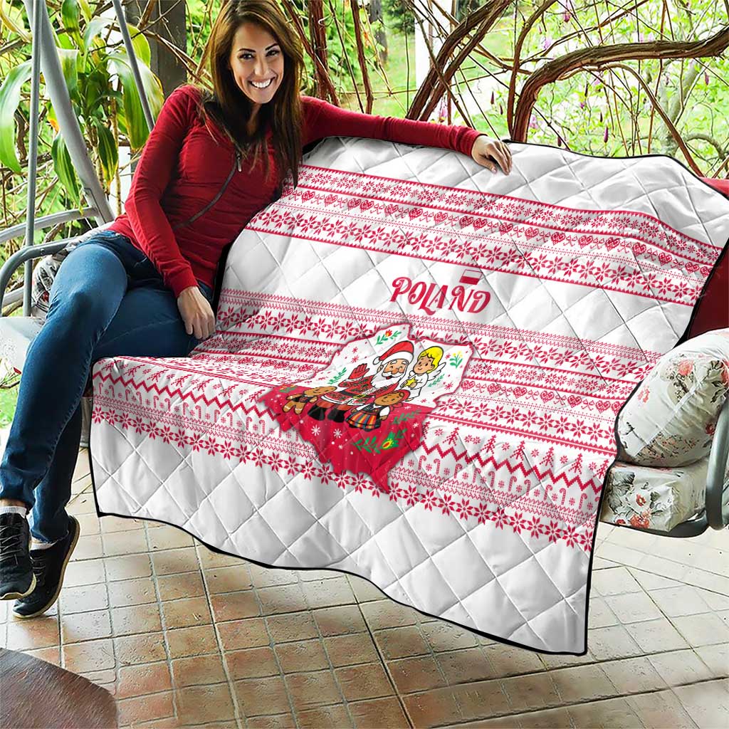 Poland Christmas Quilt with Santa Children Gingerbread Map Outline and Red Snowflake Knit Pattern Design - Wonder Print Shop