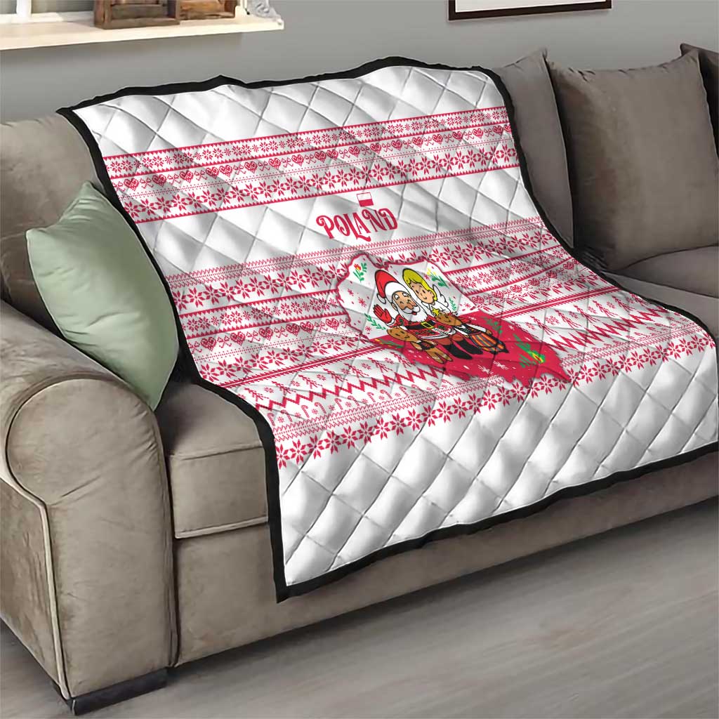Poland Christmas Quilt with Santa Children Gingerbread Map Outline and Red Snowflake Knit Pattern Design - Wonder Print Shop