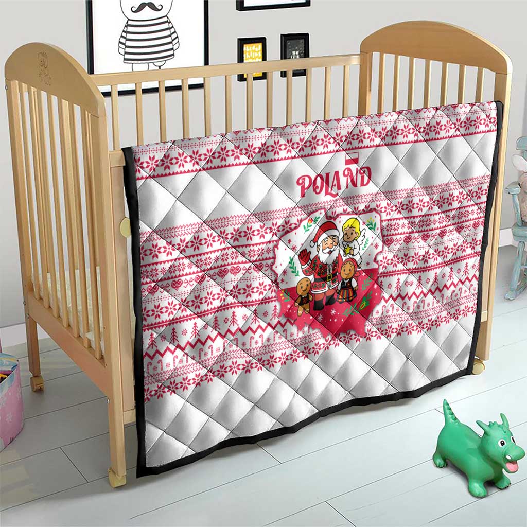Poland Christmas Quilt with Santa Children Gingerbread Map Outline and Red Snowflake Knit Pattern Design - Wonder Print Shop