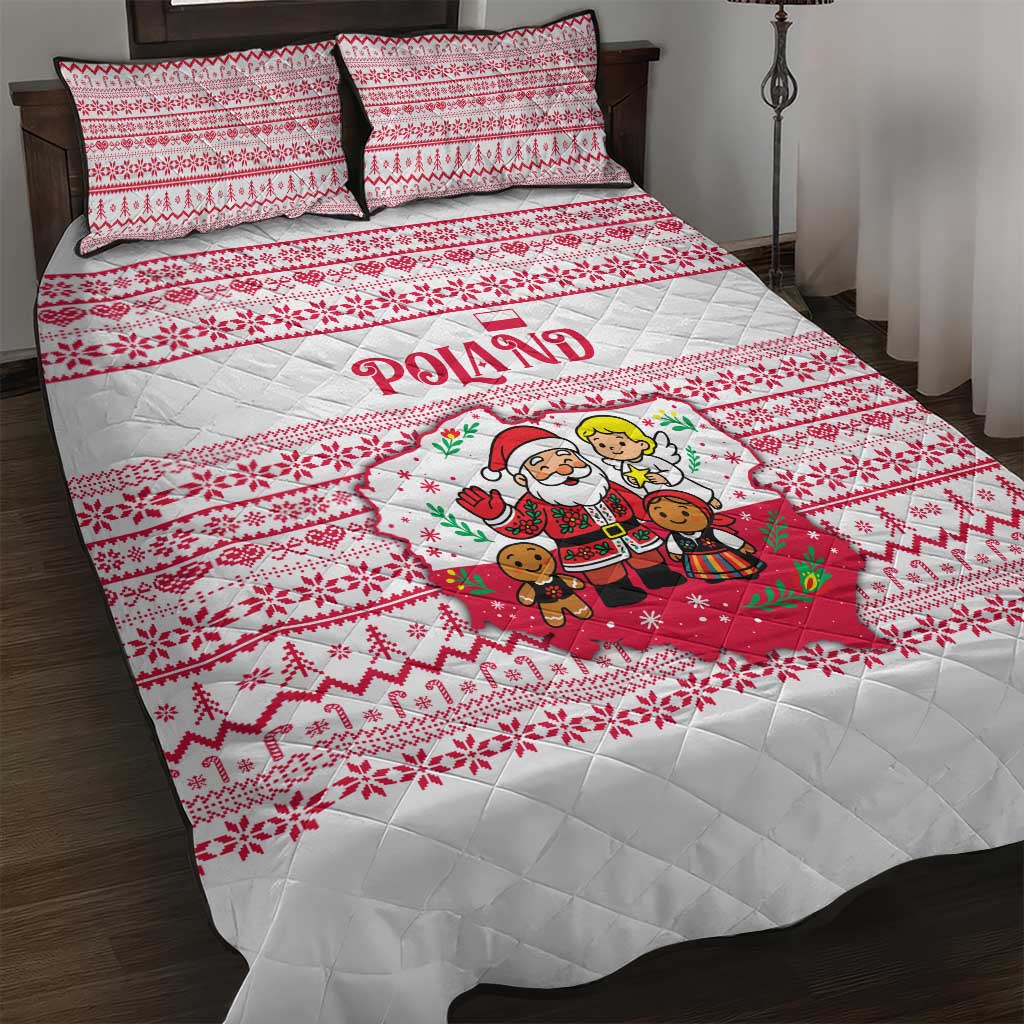 Poland Christmas Quilt Bed Set with Santa Children Gingerbread Map Outline and Red Snowflake Knit Pattern Design - Wonder Print Shop