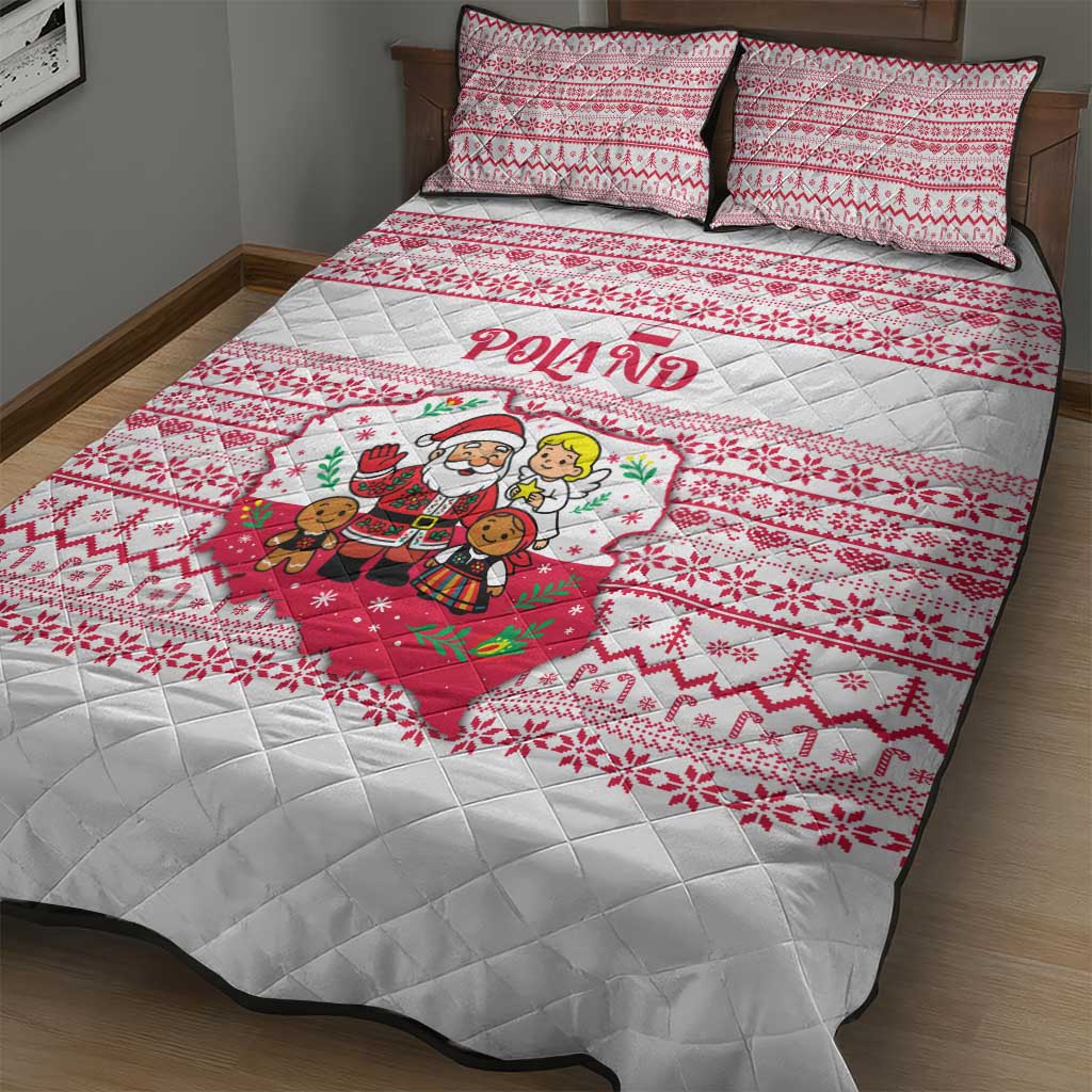Poland Christmas Quilt Bed Set with Santa Children Gingerbread Map Outline and Red Snowflake Knit Pattern Design - Wonder Print Shop