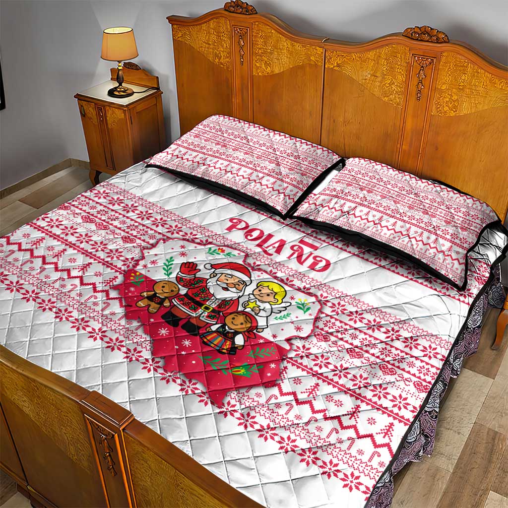 Poland Christmas Quilt Bed Set with Santa Children Gingerbread Map Outline and Red Snowflake Knit Pattern Design - Wonder Print Shop