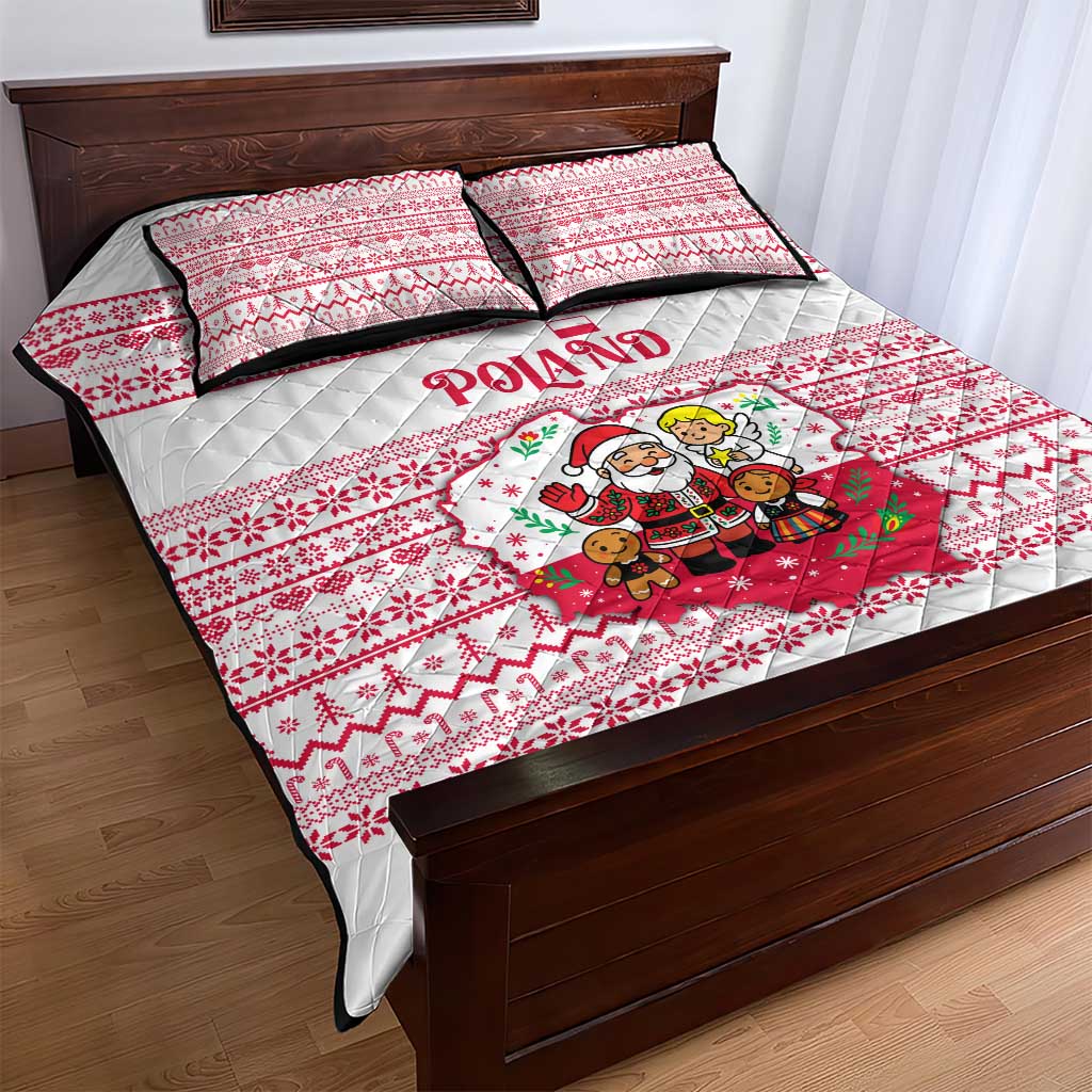 Poland Christmas Quilt Bed Set with Santa Children Gingerbread Map Outline and Red Snowflake Knit Pattern Design - Wonder Print Shop