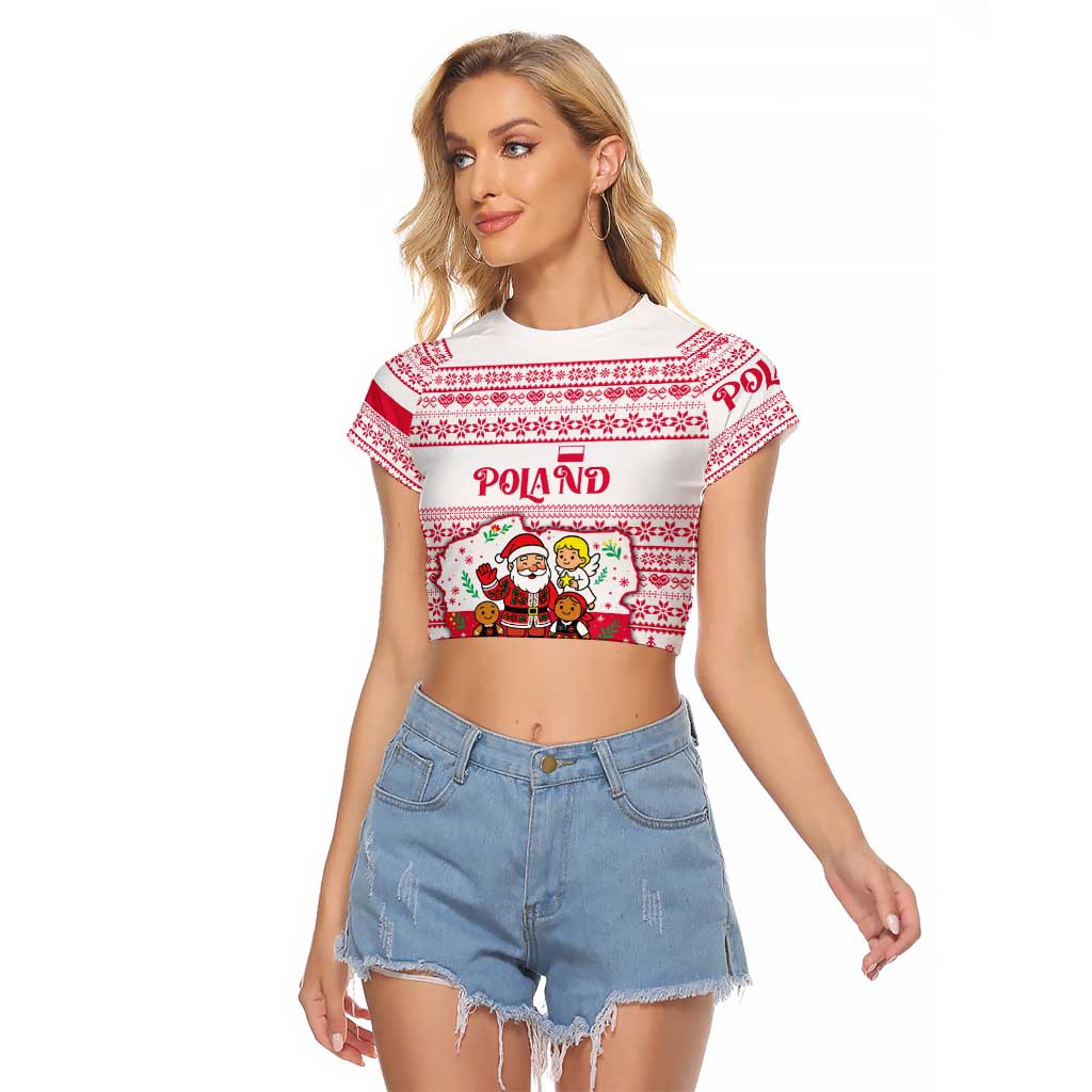 Poland Christmas Raglan Cropped T Shirt with Santa Children Gingerbread Map Outline and Red Snowflake Knit Pattern Design - Wonder Print Shop