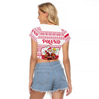 Poland Christmas Raglan Cropped T Shirt with Santa Children Gingerbread Map Outline and Red Snowflake Knit Pattern Design - Wonder Print Shop