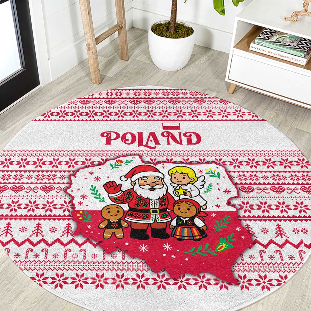 Poland Christmas Round Carpet with Santa Children Gingerbread Map Outline and Red Snowflake Knit Pattern Design - Wonder Print Shop