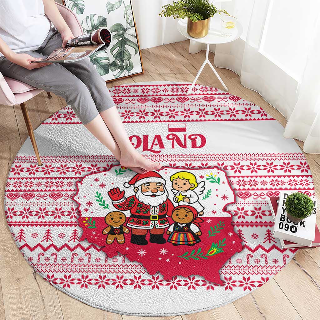 Poland Christmas Round Carpet with Santa Children Gingerbread Map Outline and Red Snowflake Knit Pattern Design - Wonder Print Shop