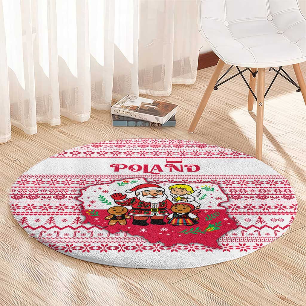 Poland Christmas Round Carpet with Santa Children Gingerbread Map Outline and Red Snowflake Knit Pattern Design - Wonder Print Shop