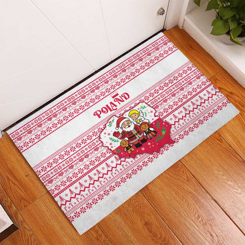 Poland Christmas Rubber Doormat with Santa Children Gingerbread Map Outline and Red Snowflake Knit Pattern Design - Wonder Print Shop