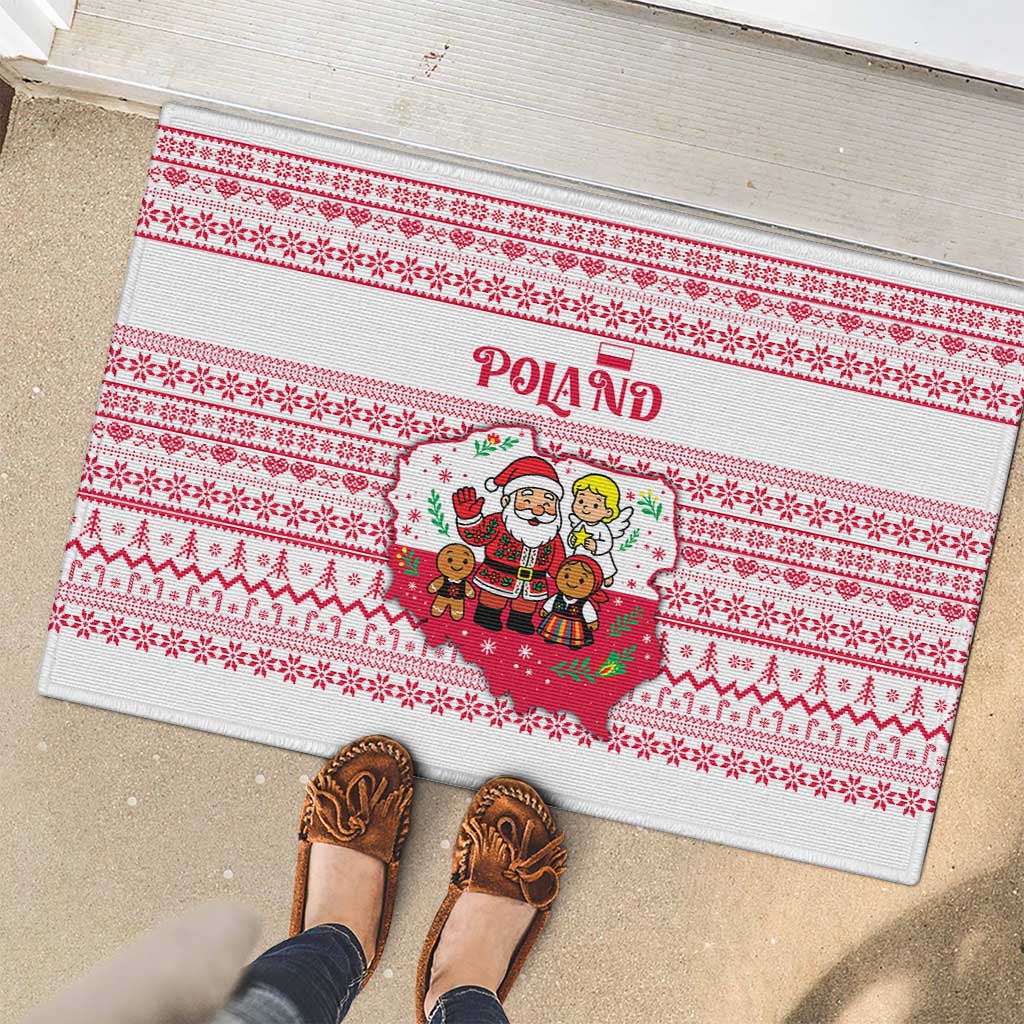 Poland Christmas Rubber Doormat with Santa Children Gingerbread Map Outline and Red Snowflake Knit Pattern Design - Wonder Print Shop
