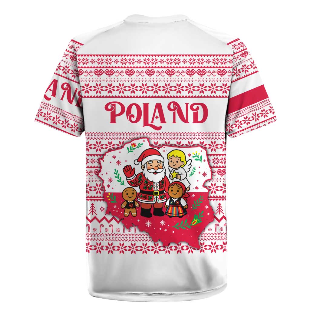 Poland Christmas Rugby Jersey with Santa Children Gingerbread Map Outline and Red Snowflake Knit Pattern Design - Wonder Print Shop