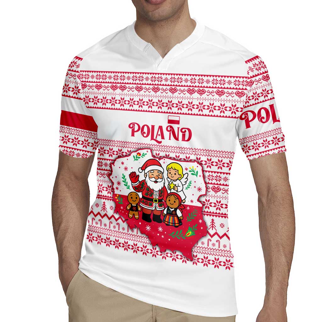 Poland Christmas Rugby Jersey with Santa Children Gingerbread Map Outline and Red Snowflake Knit Pattern Design - Wonder Print Shop
