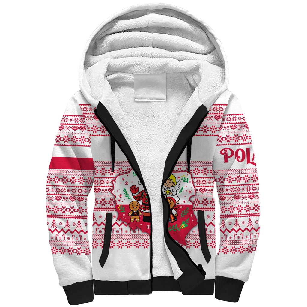 Poland Christmas Sherpa Hoodie with Santa Children Gingerbread Map Outline and Red Snowflake Knit Pattern Design - Wonder Print Shop