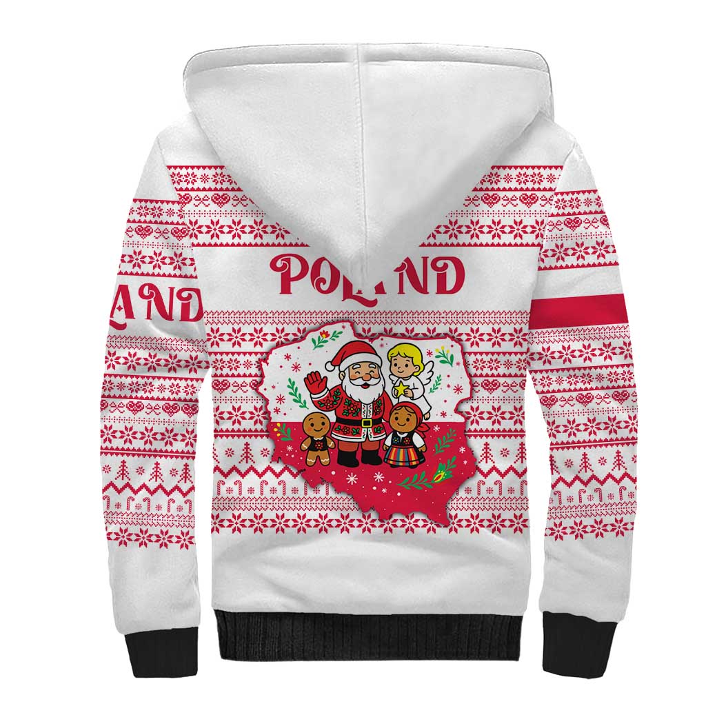 Poland Christmas Sherpa Hoodie with Santa Children Gingerbread Map Outline and Red Snowflake Knit Pattern Design - Wonder Print Shop