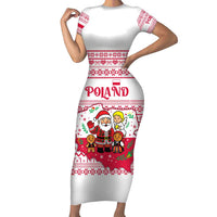 Poland Christmas Short Sleeve Bodycon Dress with Santa Children Gingerbread Map Outline and Red Snowflake Knit Pattern Design - Wonder Print Shop