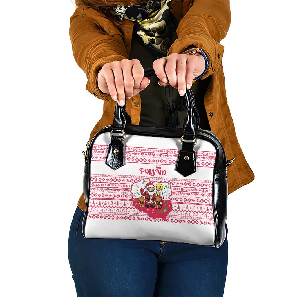 Poland Christmas Shoulder Handbag with Santa Children Gingerbread Map Outline and Red Snowflake Knit Pattern Design - Wonder Print Shop