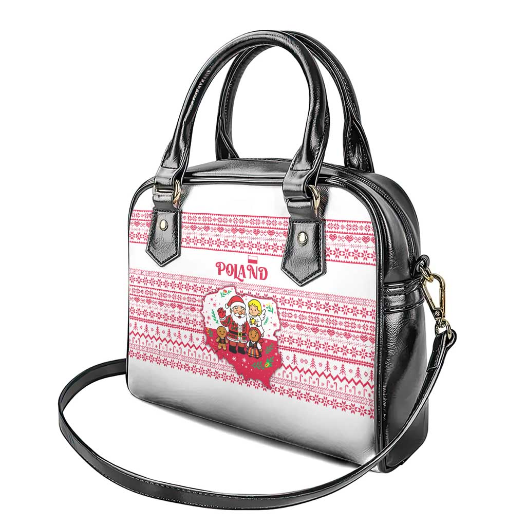 Poland Christmas Shoulder Handbag with Santa Children Gingerbread Map Outline and Red Snowflake Knit Pattern Design - Wonder Print Shop