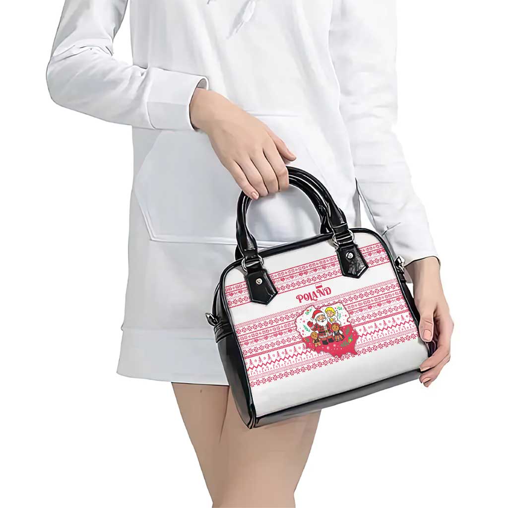 Poland Christmas Shoulder Handbag with Santa Children Gingerbread Map Outline and Red Snowflake Knit Pattern Design - Wonder Print Shop