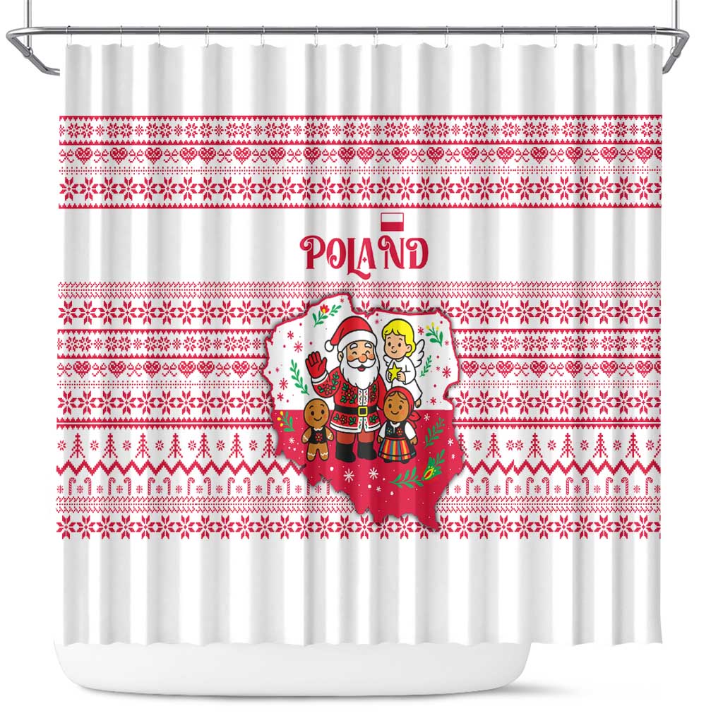 Poland Christmas Shower Curtain with Santa Children Gingerbread Map Outline and Red Snowflake Knit Pattern Design - Wonder Print Shop