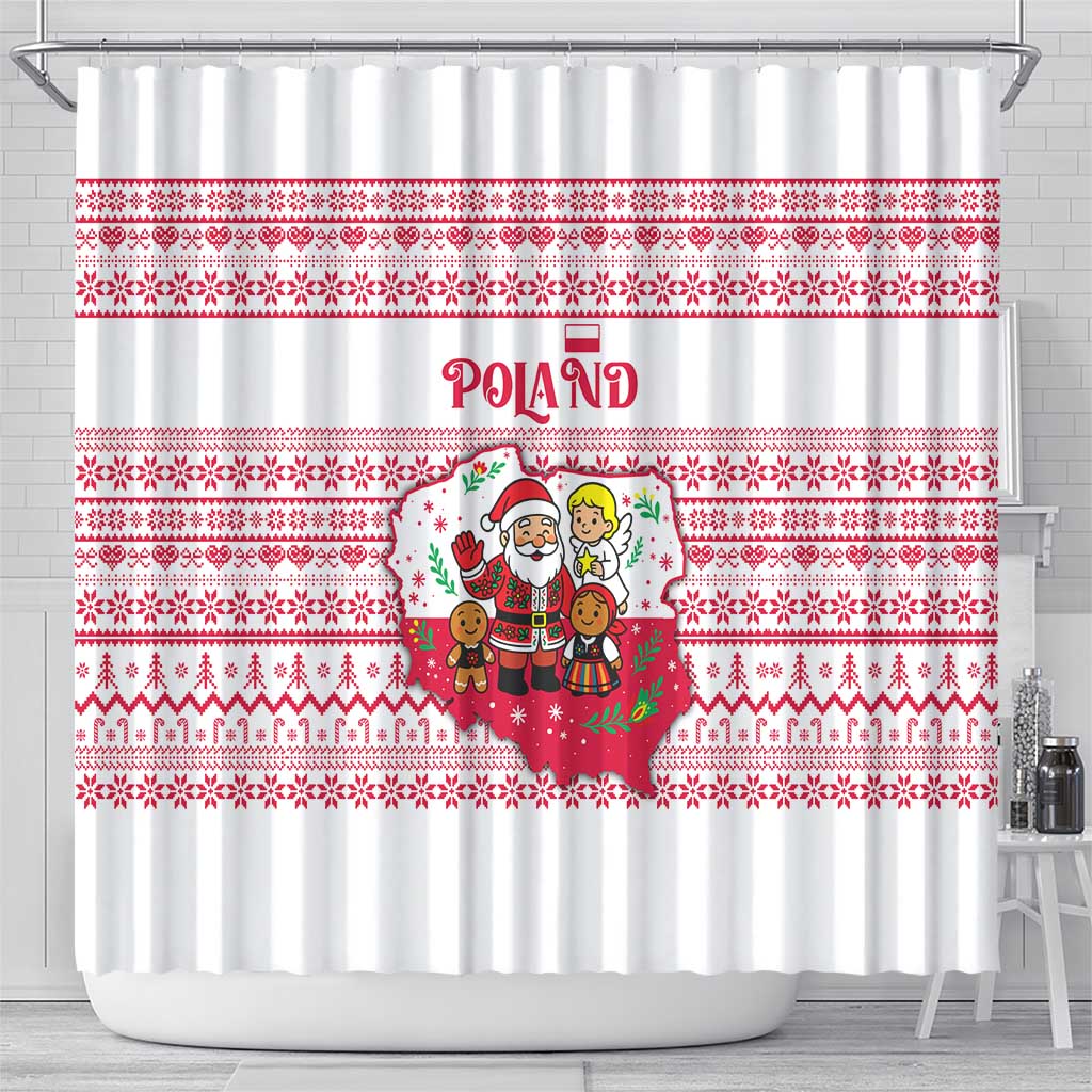Poland Christmas Shower Curtain with Santa Children Gingerbread Map Outline and Red Snowflake Knit Pattern Design - Wonder Print Shop