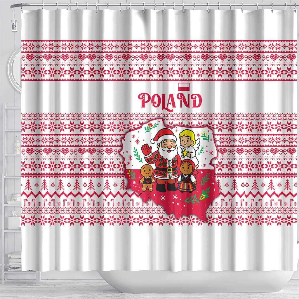 Poland Christmas Shower Curtain with Santa Children Gingerbread Map Outline and Red Snowflake Knit Pattern Design - Wonder Print Shop