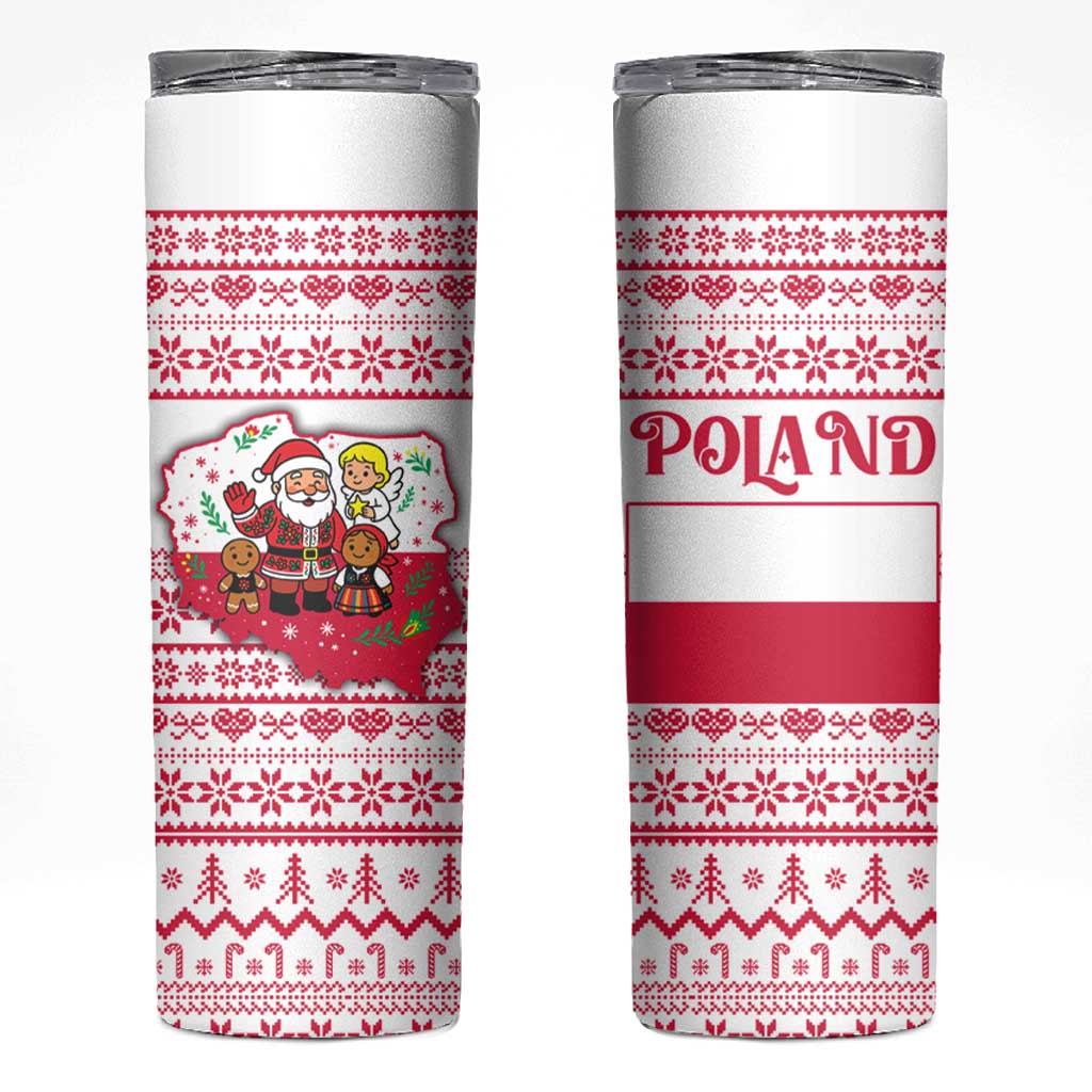 Poland Christmas Skinny Tumbler with Santa Children Gingerbread Map Outline and Red Snowflake Knit Pattern Design - Wonder Print Shop