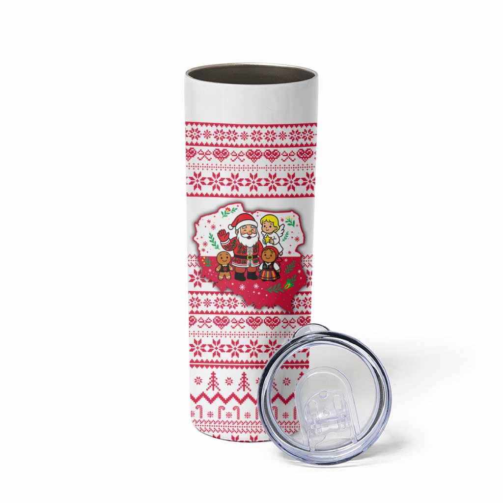 Poland Christmas Skinny Tumbler with Santa Children Gingerbread Map Outline and Red Snowflake Knit Pattern Design - Wonder Print Shop