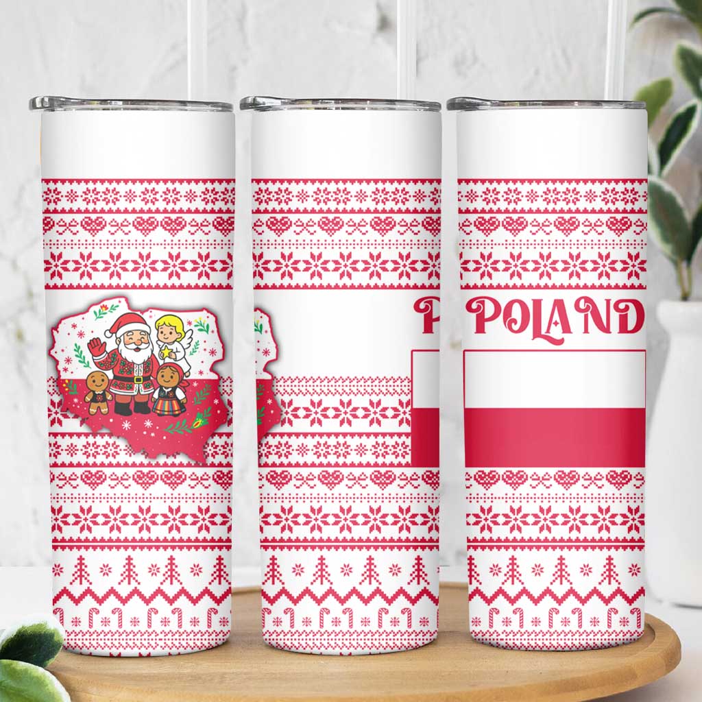 Poland Christmas Skinny Tumbler with Santa Children Gingerbread Map Outline and Red Snowflake Knit Pattern Design - Wonder Print Shop