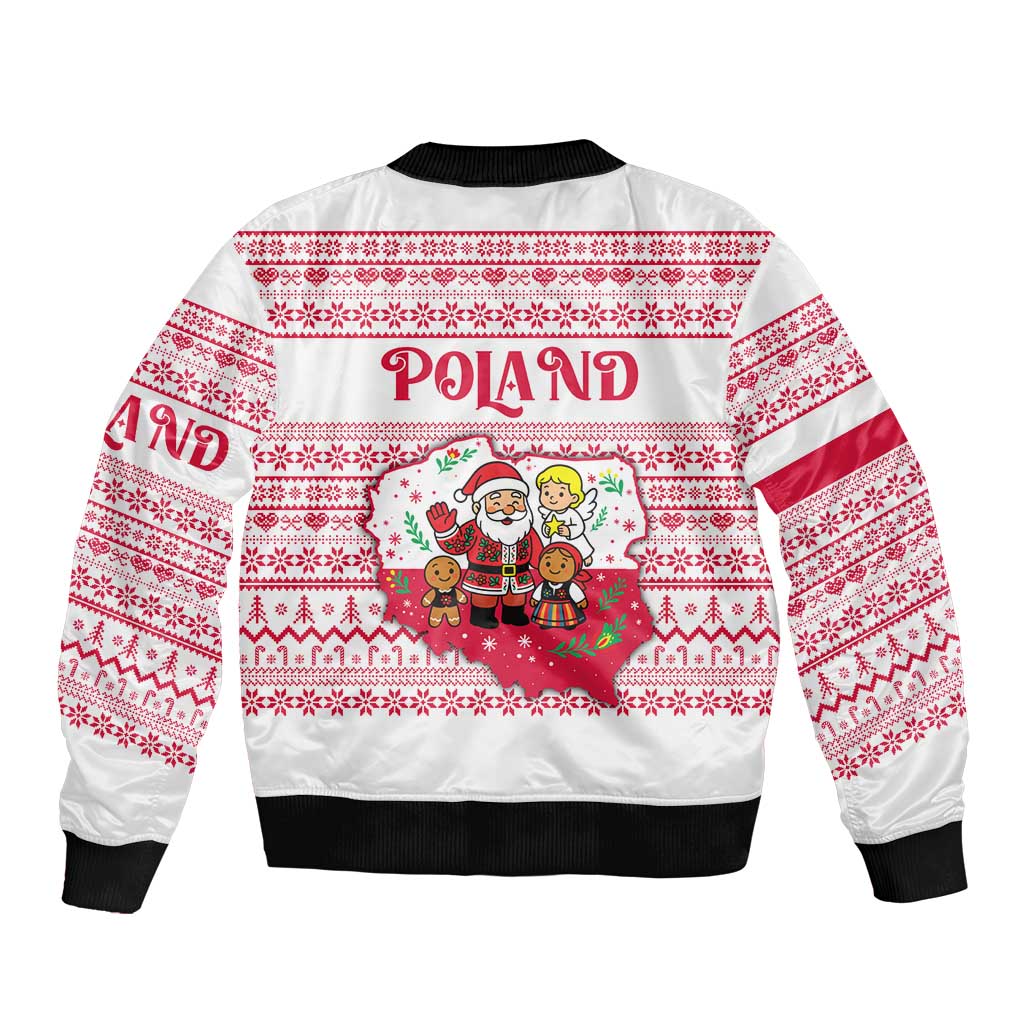 Poland Christmas Sleeve Zip Bomber Jacket with Santa Children Gingerbread Map Outline and Red Snowflake Knit Pattern Design - Wonder Print Shop