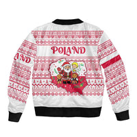 Poland Christmas Sleeve Zip Bomber Jacket with Santa Children Gingerbread Map Outline and Red Snowflake Knit Pattern Design - Wonder Print Shop