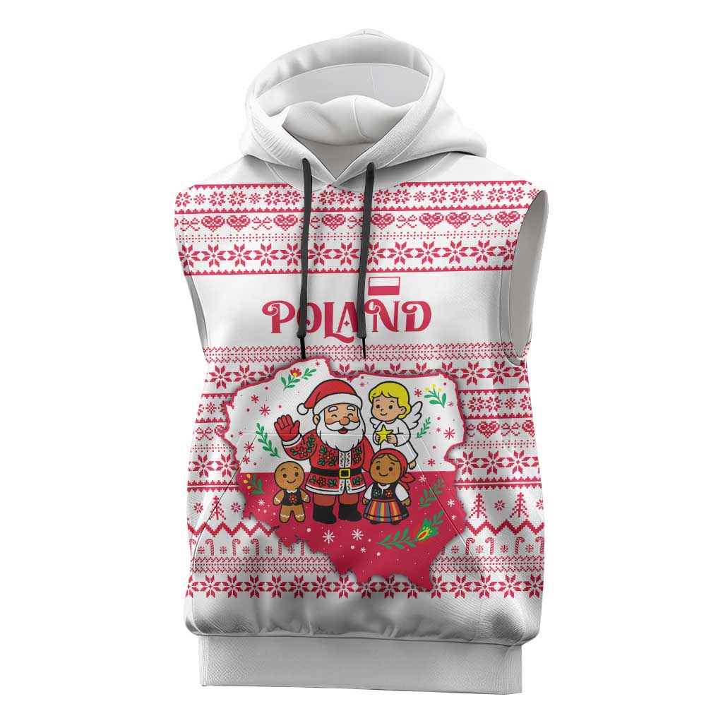 Poland Christmas Sleeveless Hoodie with Santa Children Gingerbread Map Outline and Red Snowflake Knit Pattern Design - Wonder Print Shop