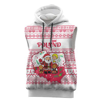 Poland Christmas Sleeveless Hoodie with Santa Children Gingerbread Map Outline and Red Snowflake Knit Pattern Design - Wonder Print Shop